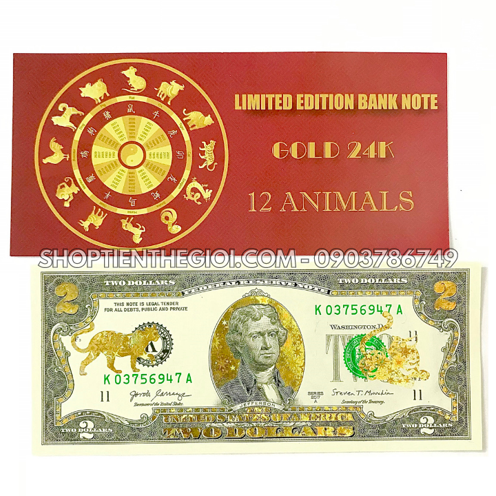 Tiền 2 USD in hình con Mèo 3D nhũ vàng - SP005554